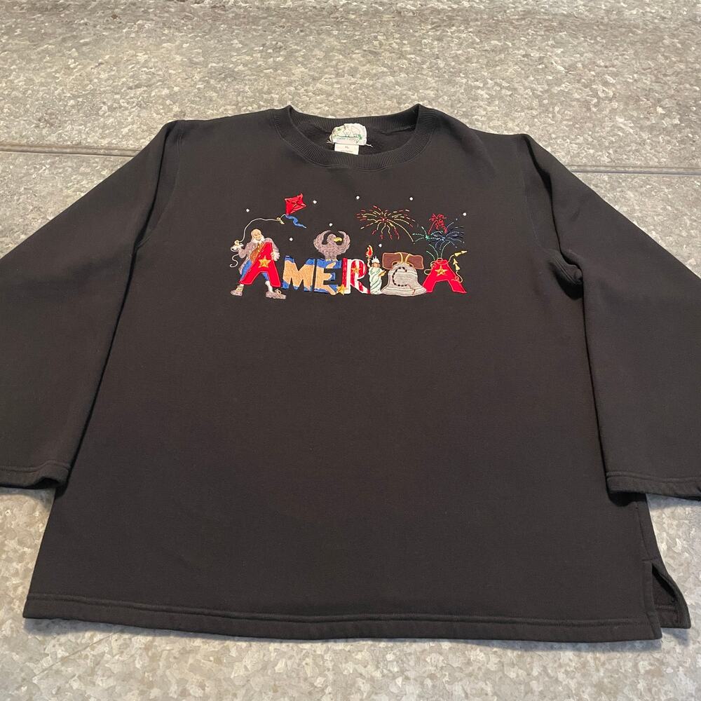 Vintage Quacker Factory AMERICA Patriotic Beaded Embroidered Sweatshirt XL Black